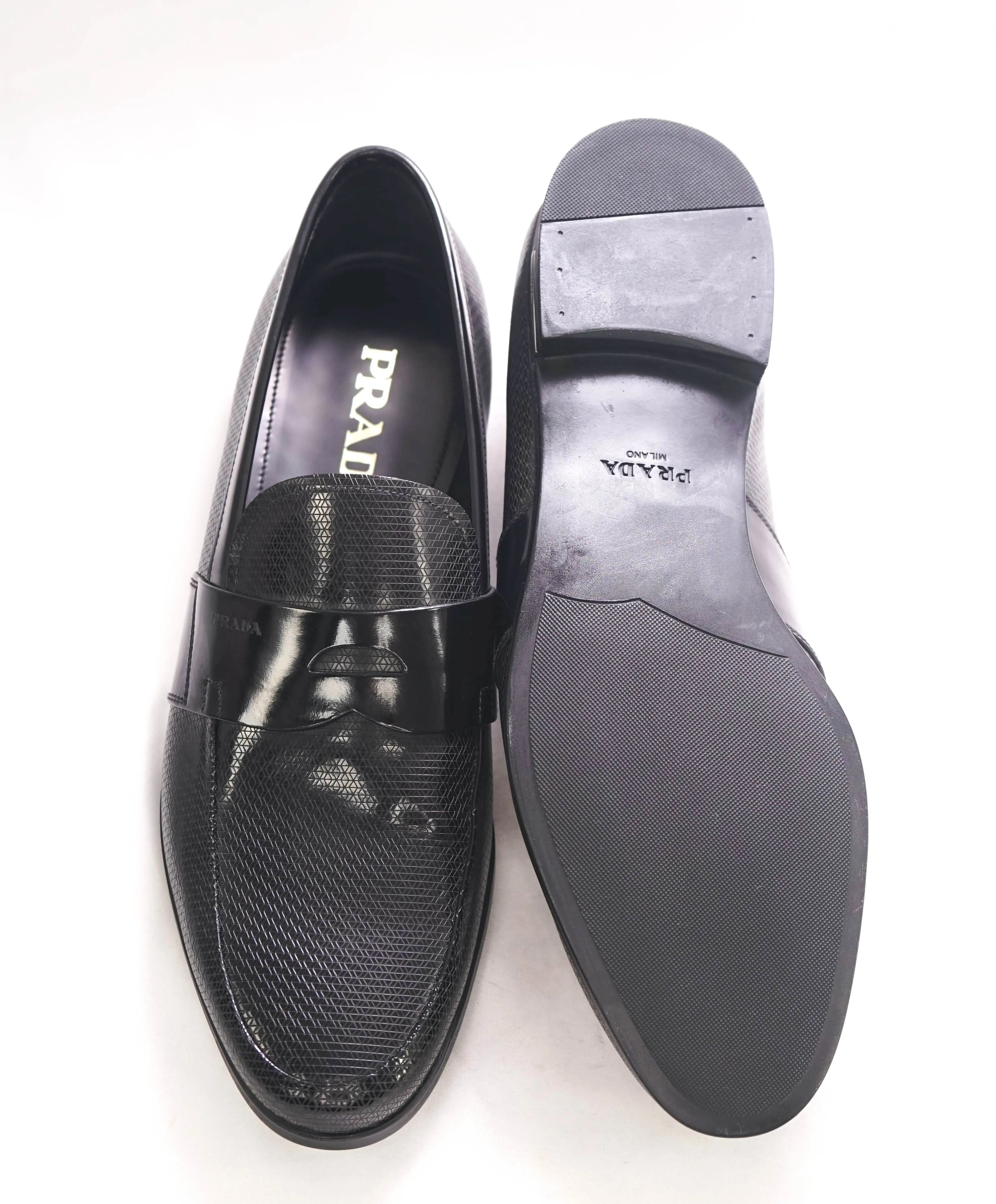 $1,100 PRADA - Black Patent Leather LOGO Laser Detailed Loafers - 9 US (10 Prada)