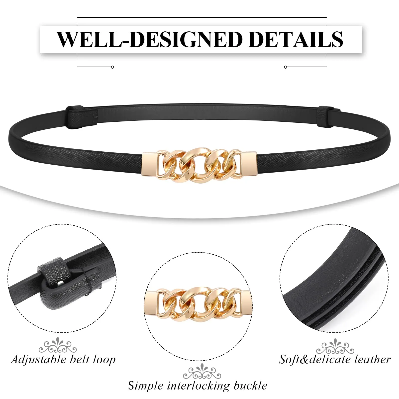 2 Pack Women Skinny Leather Belts Thin Waist Belts for Dresses with Golden Buckle