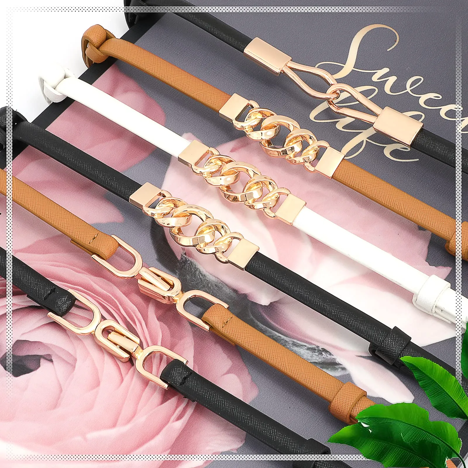 2 Pack Women Skinny Leather Belts Thin Waist Belts for Dresses with Golden Buckle