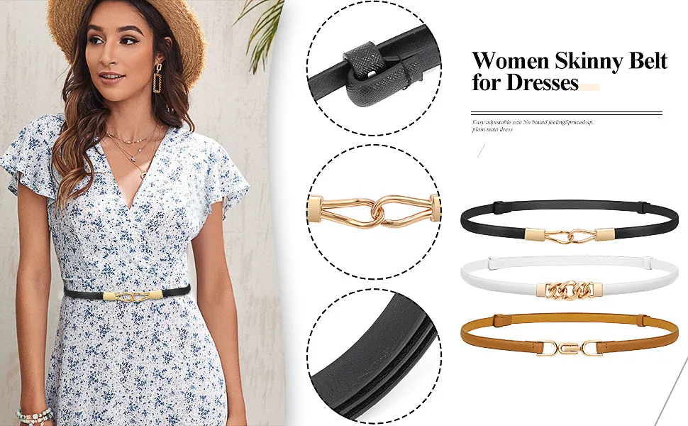 2 Pack Women Skinny Leather Belts Thin Waist Belts for Dresses with Golden Buckle
