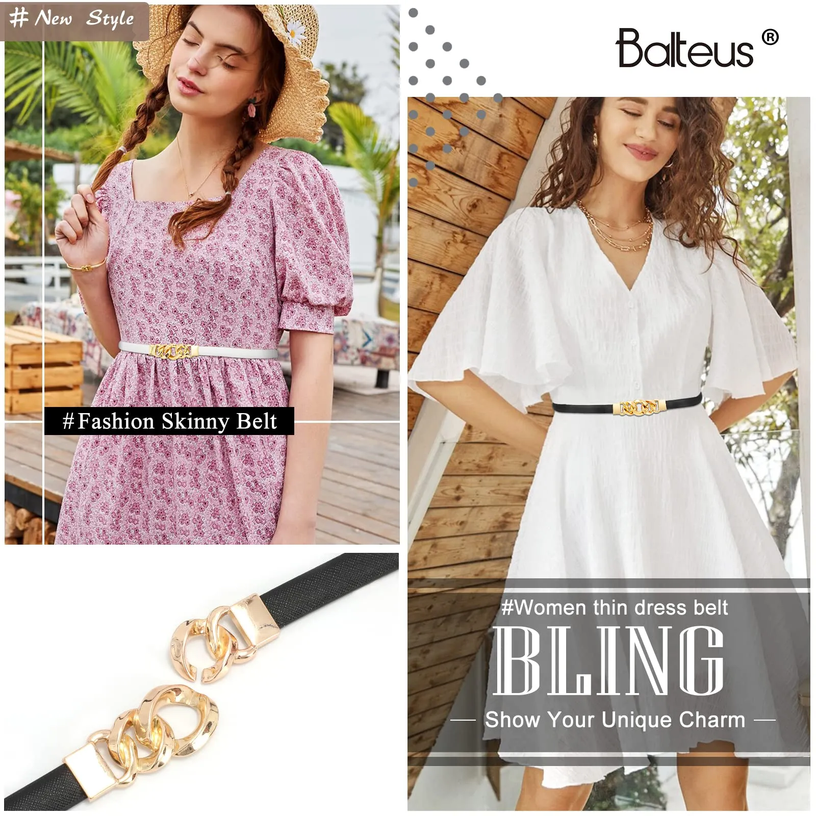 2 Pack Women Skinny Leather Belts Thin Waist Belts for Dresses with Golden Buckle