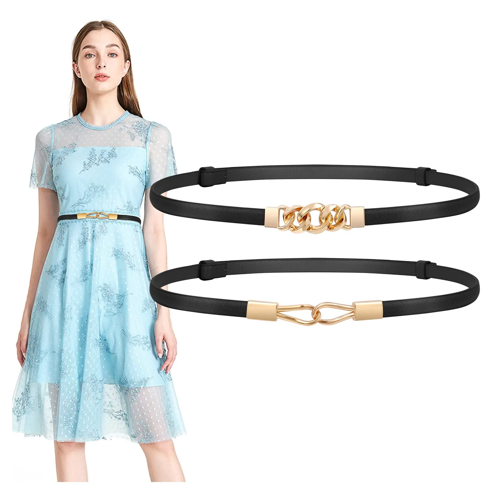 2 Pack Women Skinny Leather Belts Thin Waist Belts for Dresses with Golden Buckle
