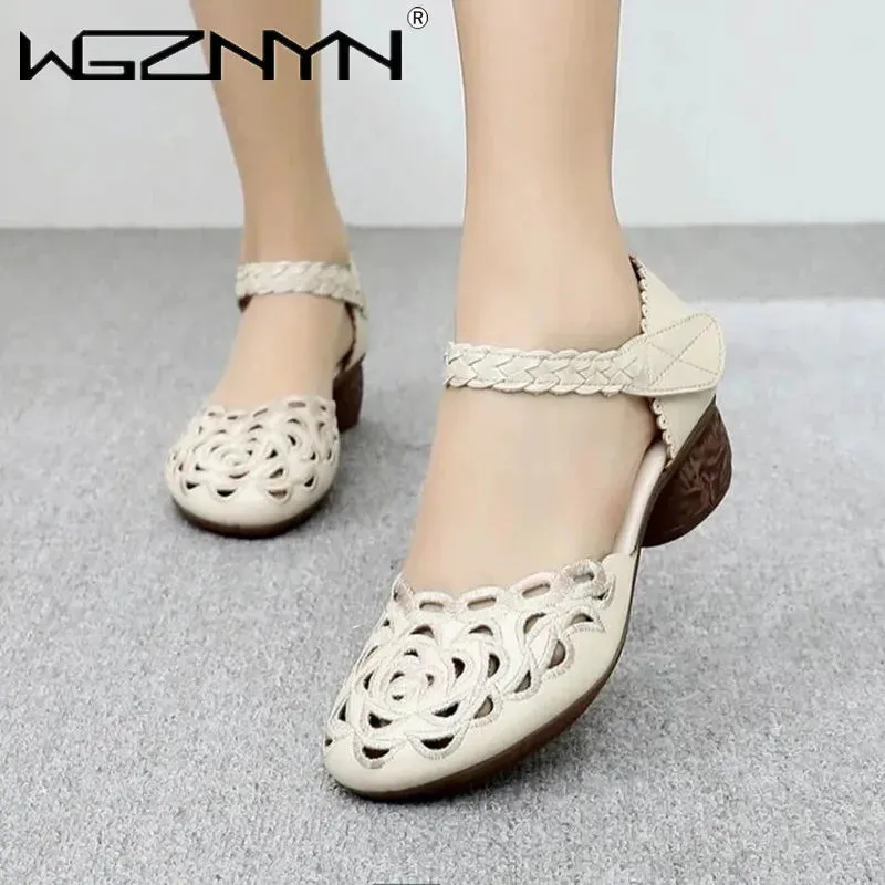 2022,NEW Summer Women's Genuine PU Leather Shoes Woman Retro Hollow Out Sandals Female Hook & Loop Heels Ladies Platform Sandal
