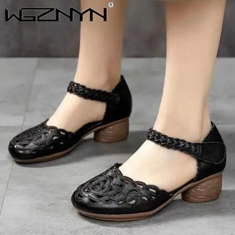 2022,NEW Summer Women's Genuine PU Leather Shoes Woman Retro Hollow Out Sandals Female Hook & Loop Heels Ladies Platform Sandal
