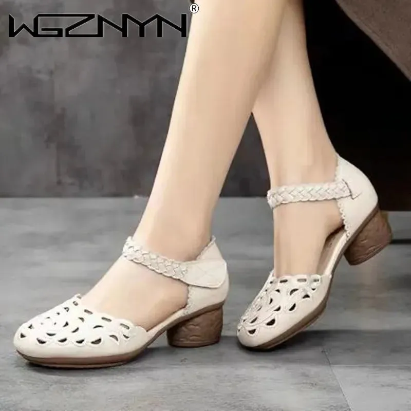 2022,NEW Summer Women's Genuine PU Leather Shoes Woman Retro Hollow Out Sandals Female Hook & Loop Heels Ladies Platform Sandal