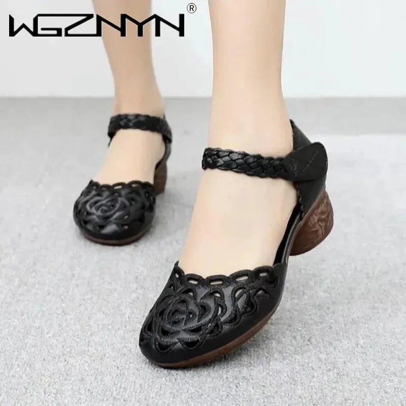 2022,NEW Summer Women's Genuine PU Leather Shoes Woman Retro Hollow Out Sandals Female Hook & Loop Heels Ladies Platform Sandal