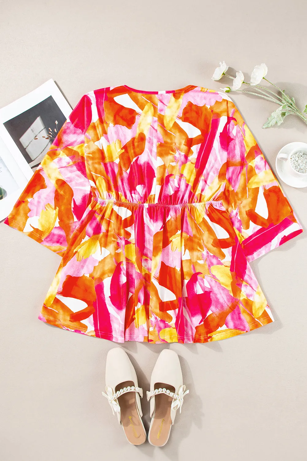 3/4 Sleeve V Neck Ruffled Babydoll Blouse