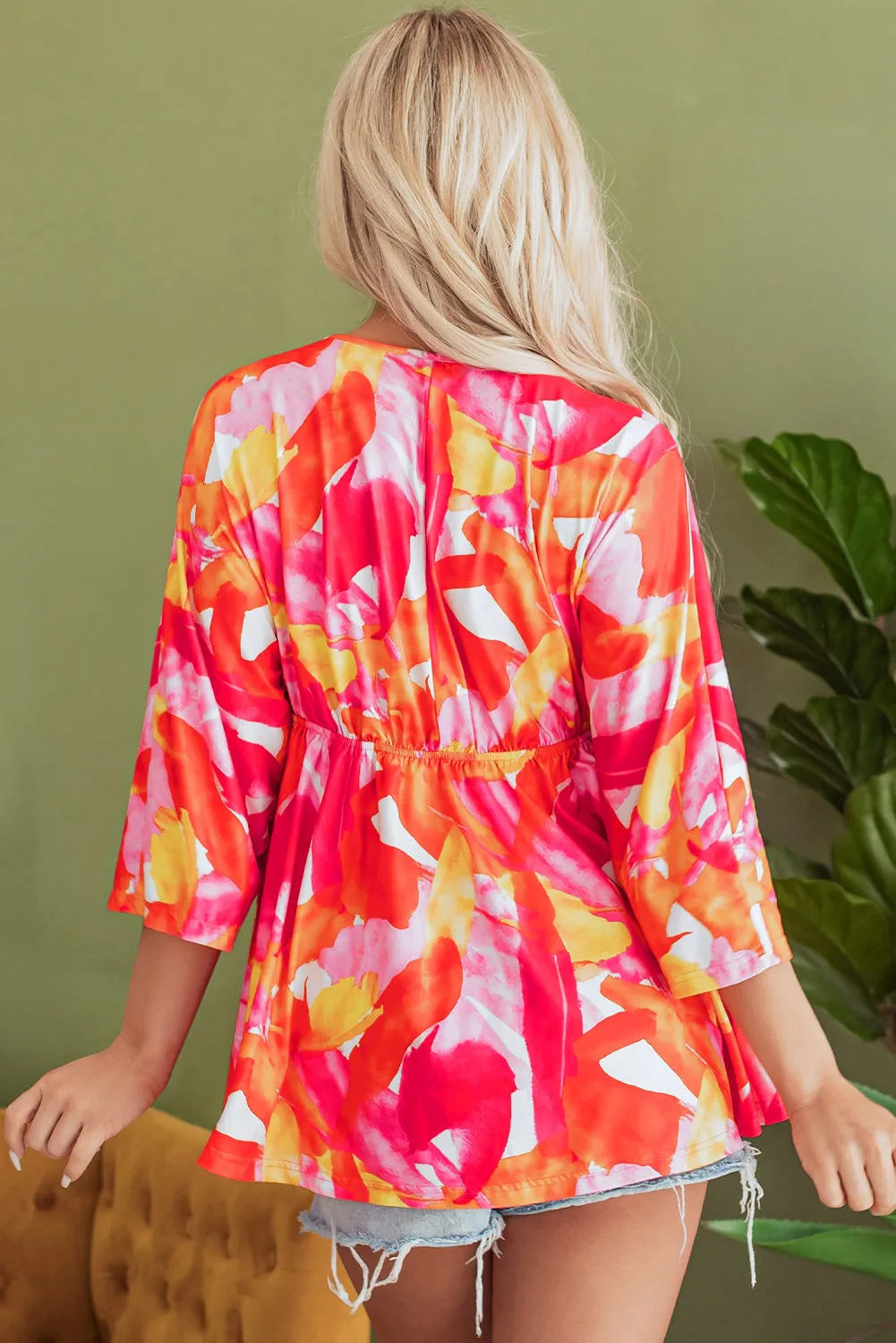 3/4 Sleeve V Neck Ruffled Babydoll Blouse
