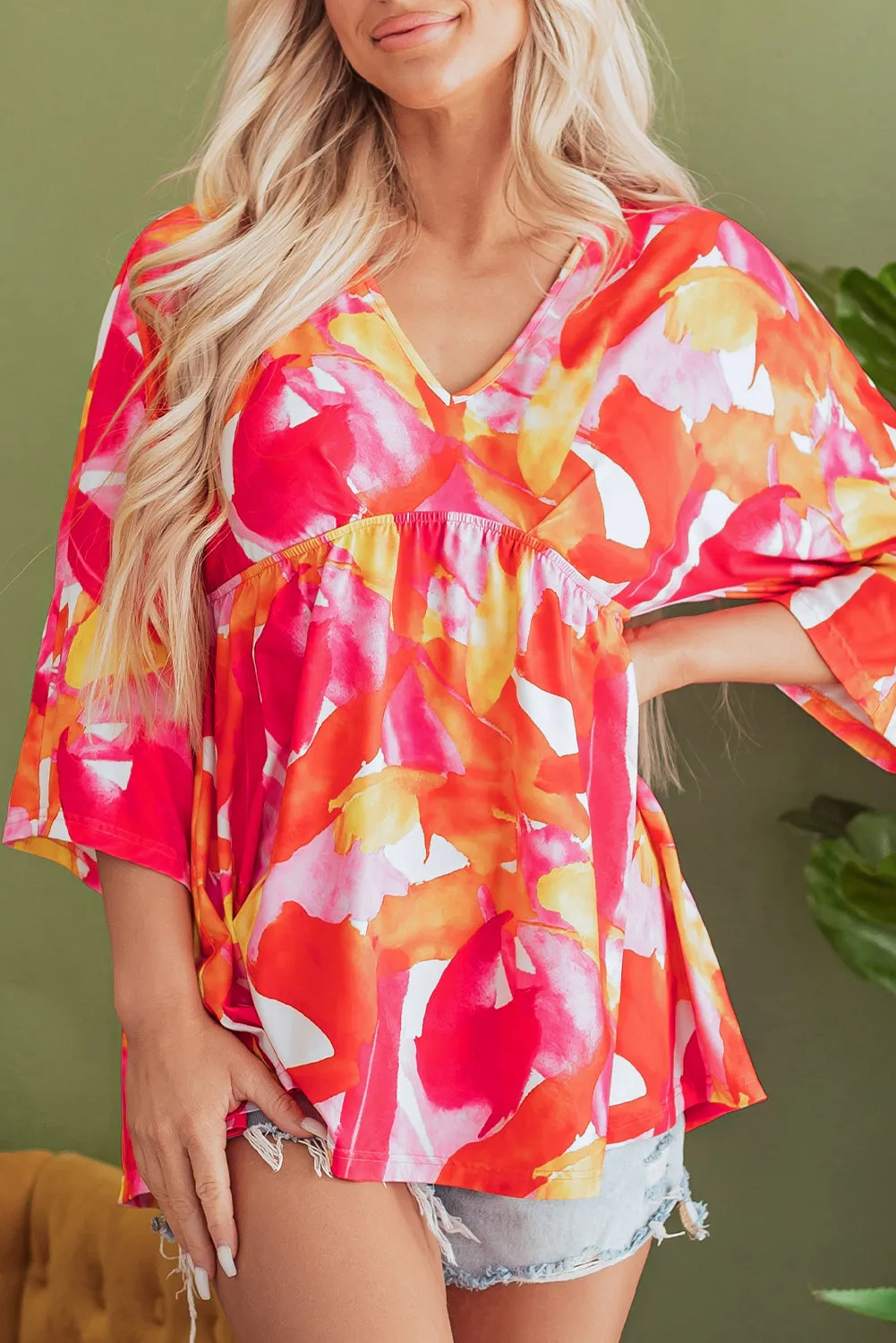 3/4 Sleeve V Neck Ruffled Babydoll Blouse