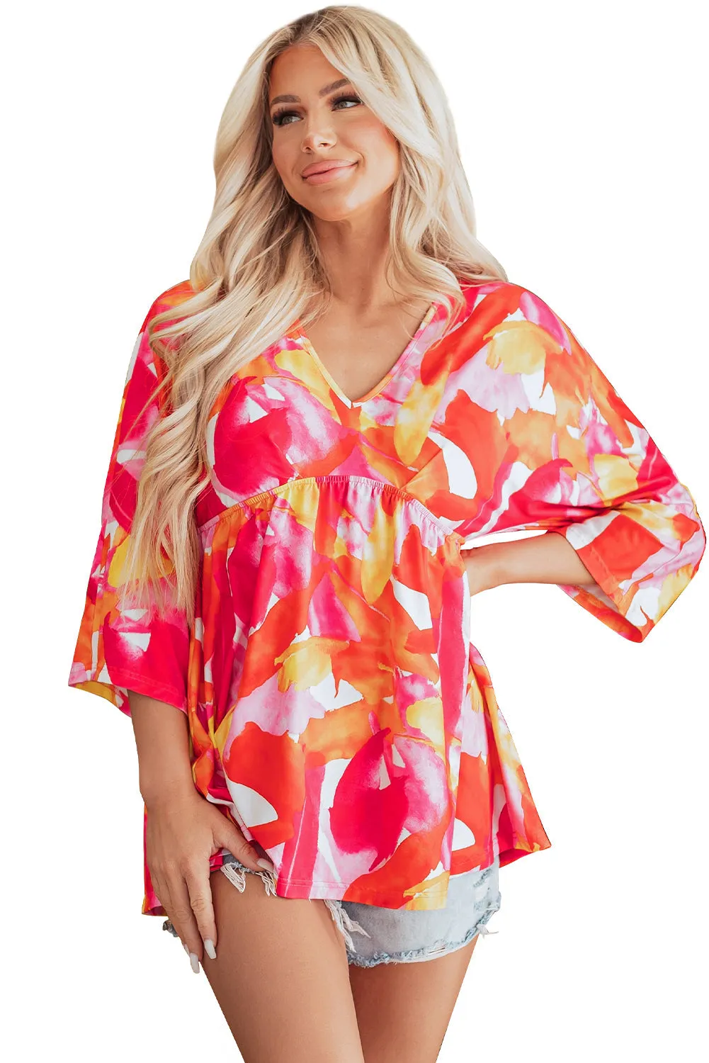 3/4 Sleeve V Neck Ruffled Babydoll Blouse