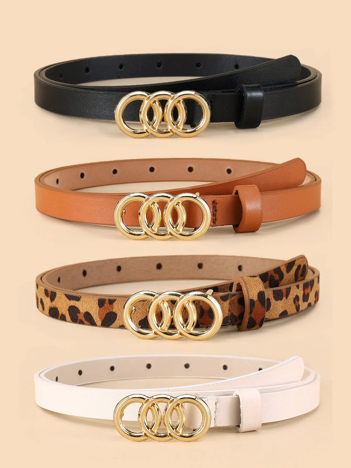 4pcs Leopard Pattern Triple Circle Buckle Belt