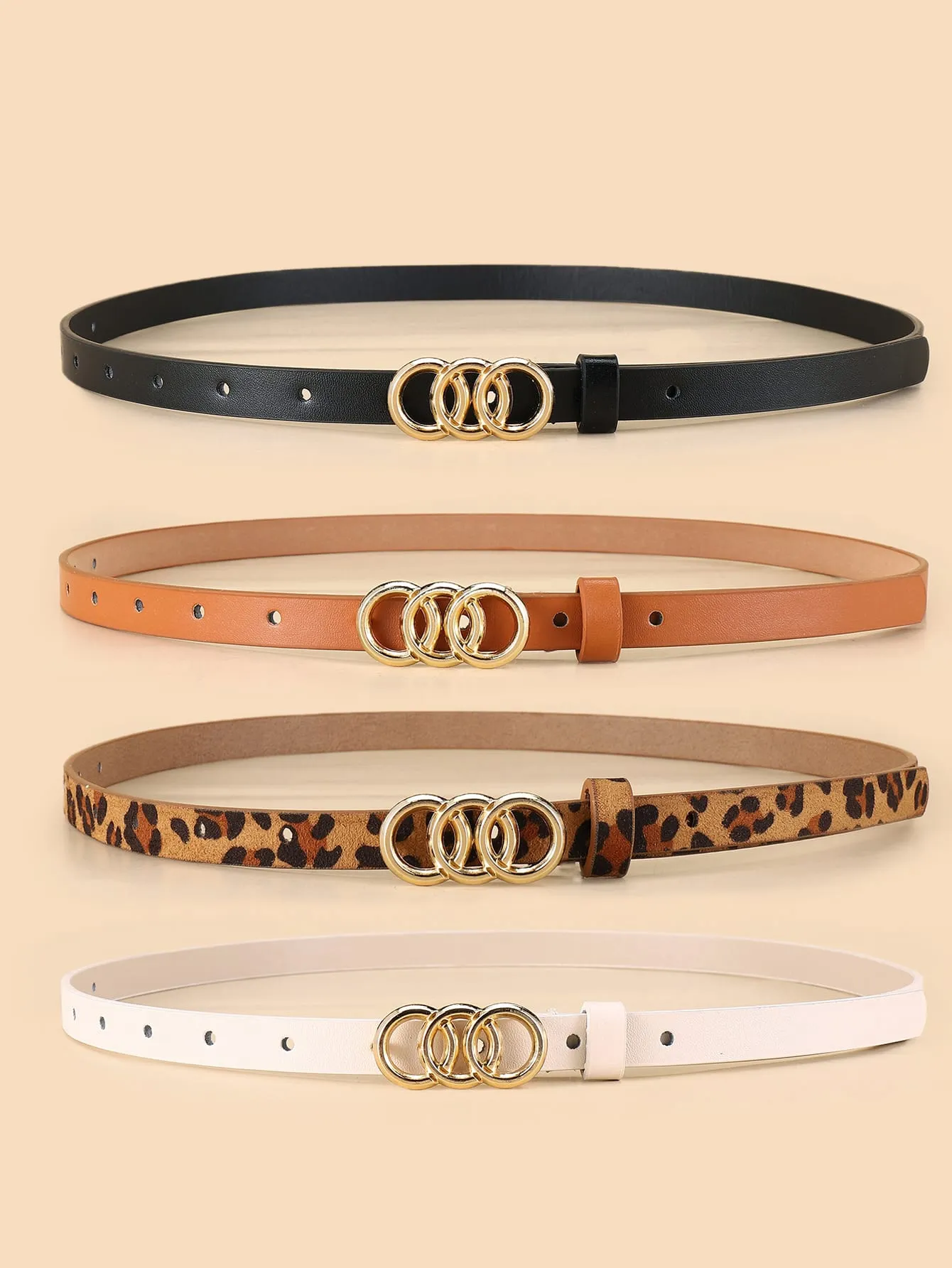 4pcs Leopard Pattern Triple Circle Buckle Belt