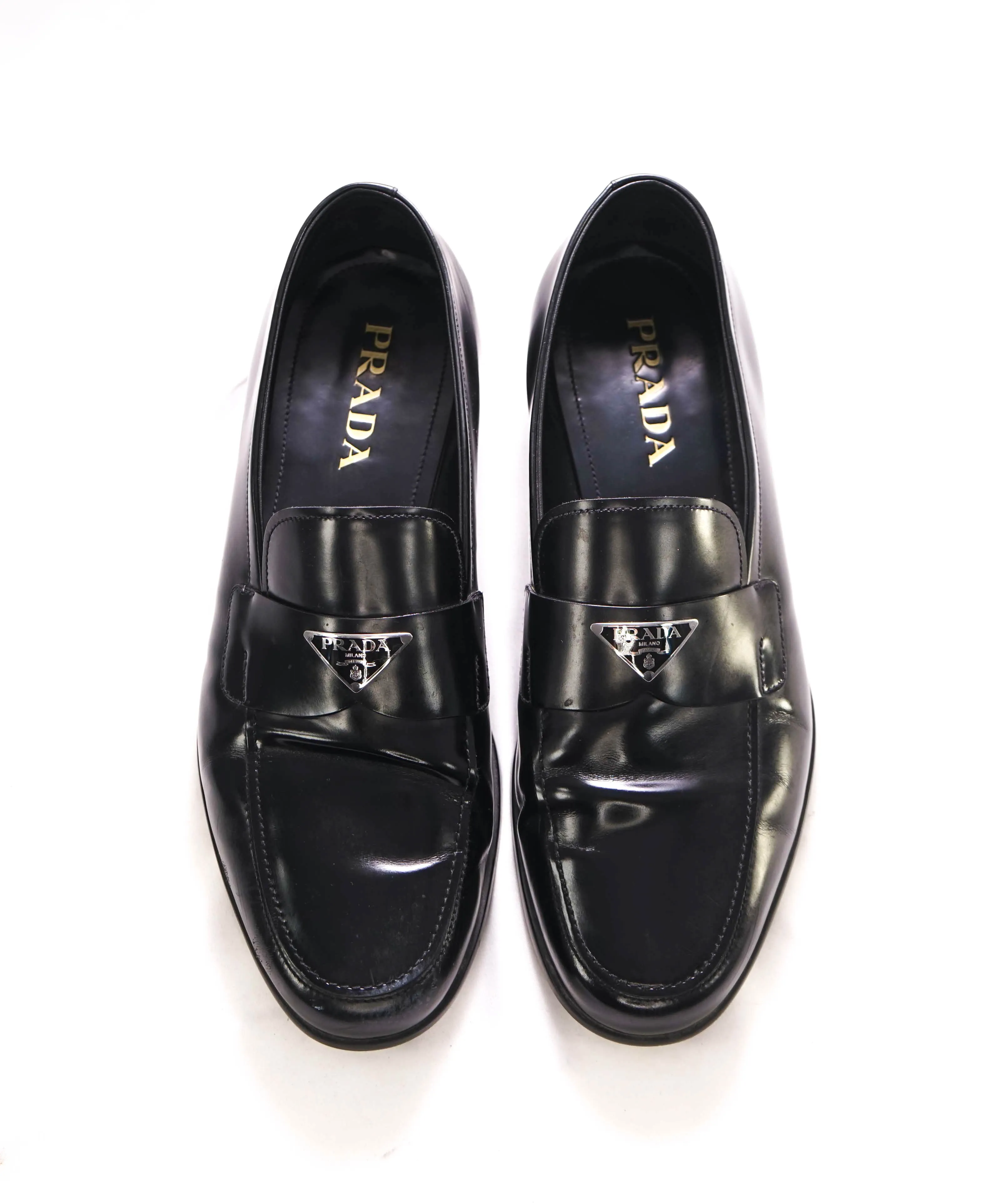 $950 PRADA - Black Patent Leather LOGO Loafers - 10.5 US (9.5 Prada)