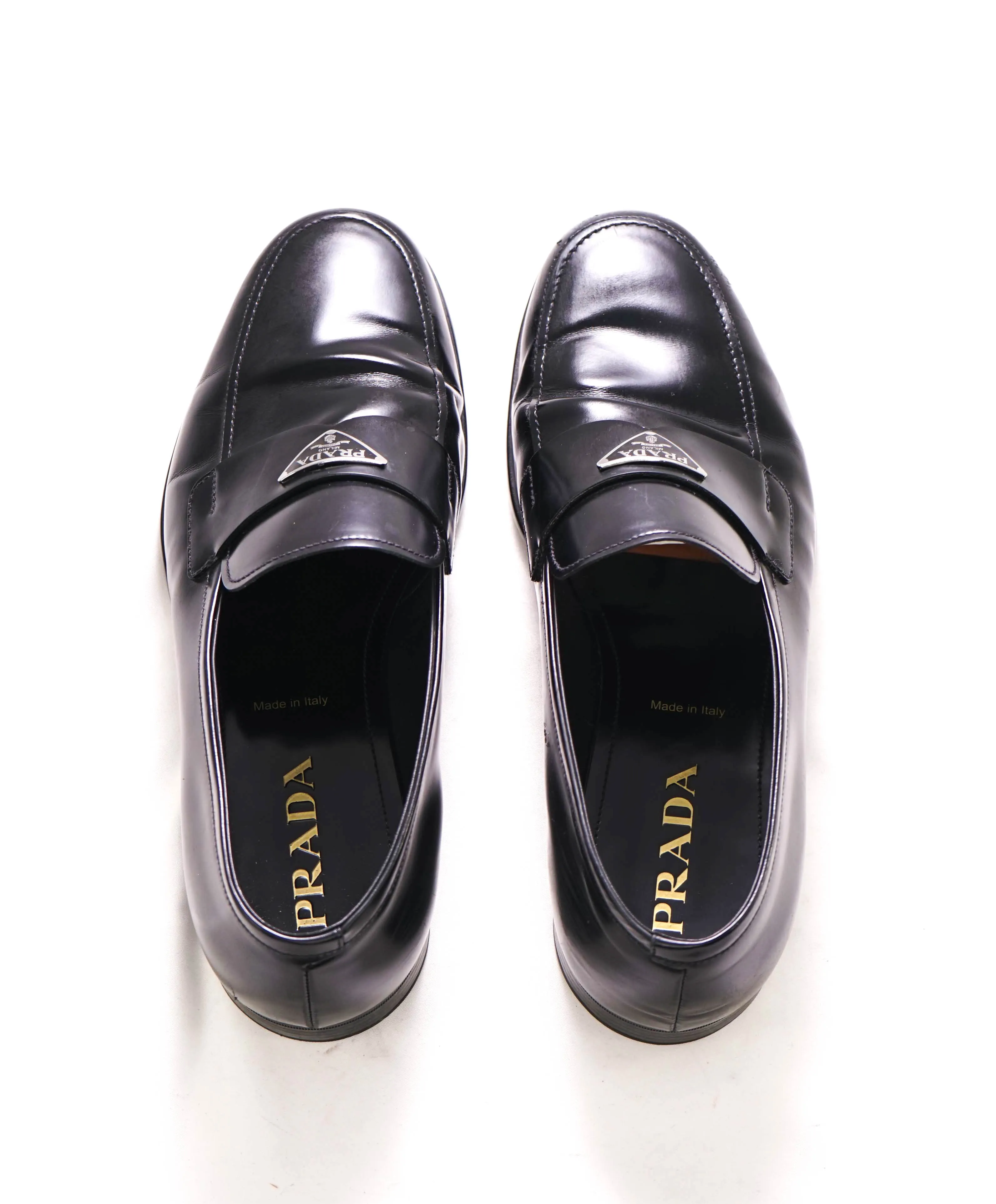 $950 PRADA - Black Patent Leather LOGO Loafers - 10.5 US (9.5 Prada)