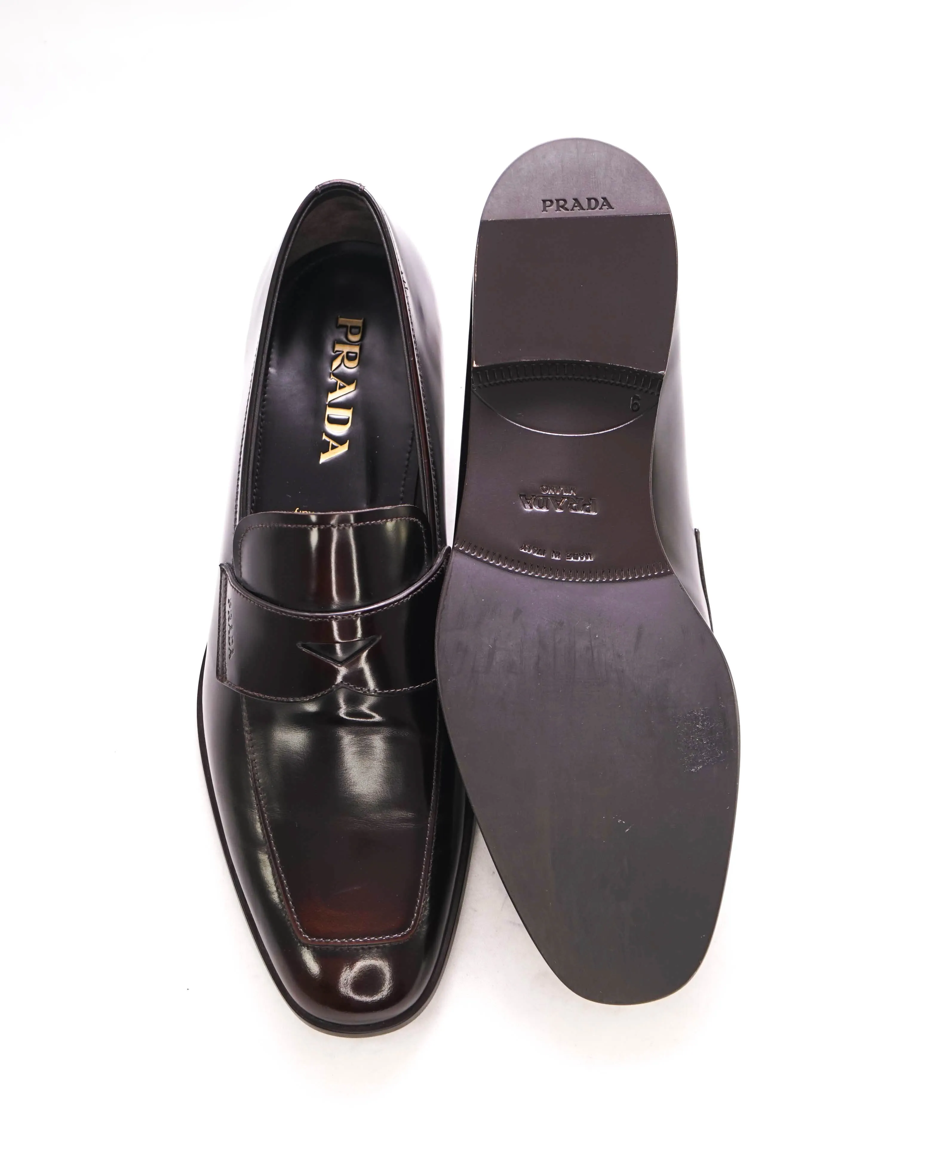 $950 PRADA - Brown Ombre Antiqued Patent Leather LOGO Loafers - 10 US (9 Prada)