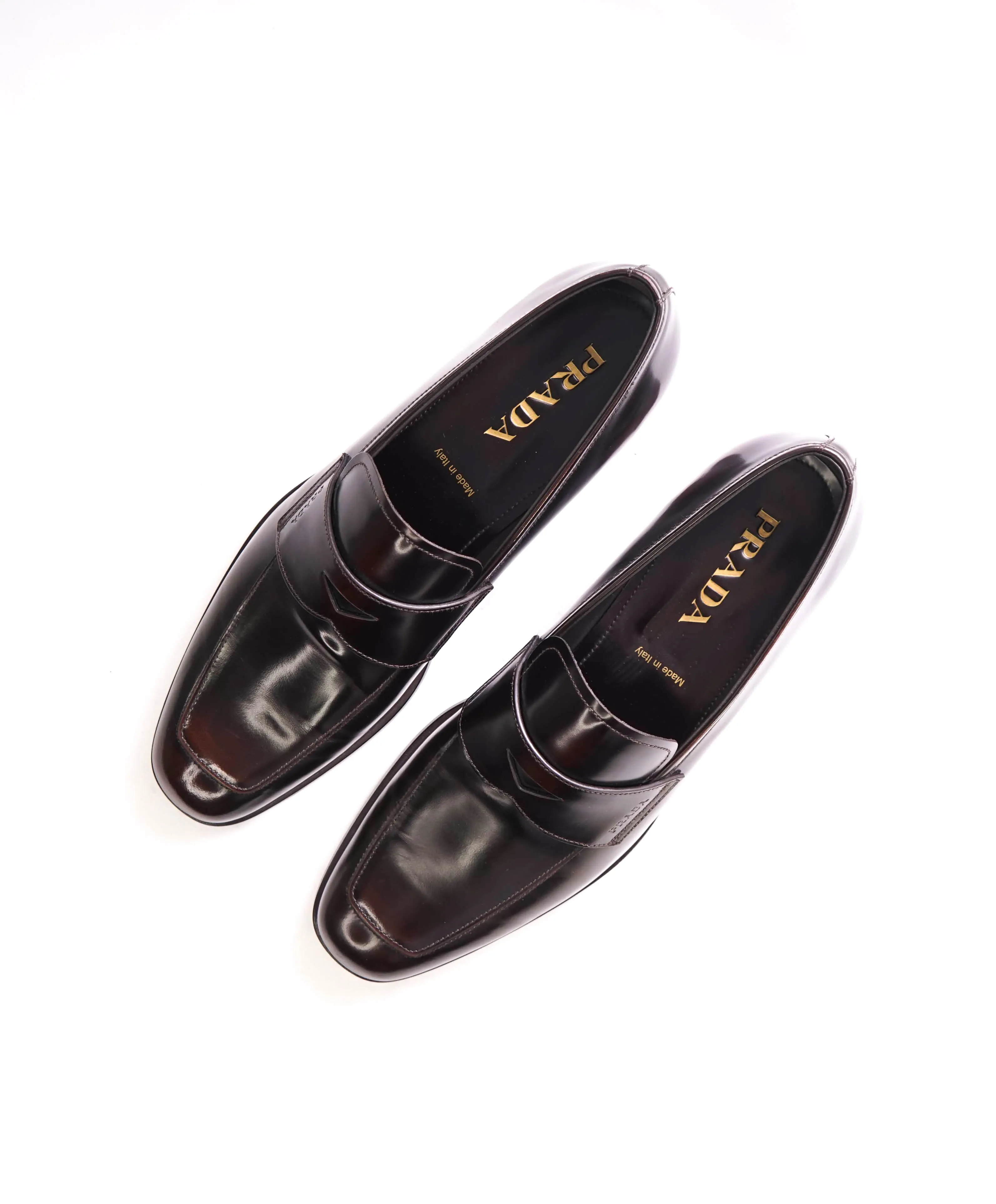 $950 PRADA - Brown Ombre Antiqued Patent Leather LOGO Loafers - 10 US (9 Prada)