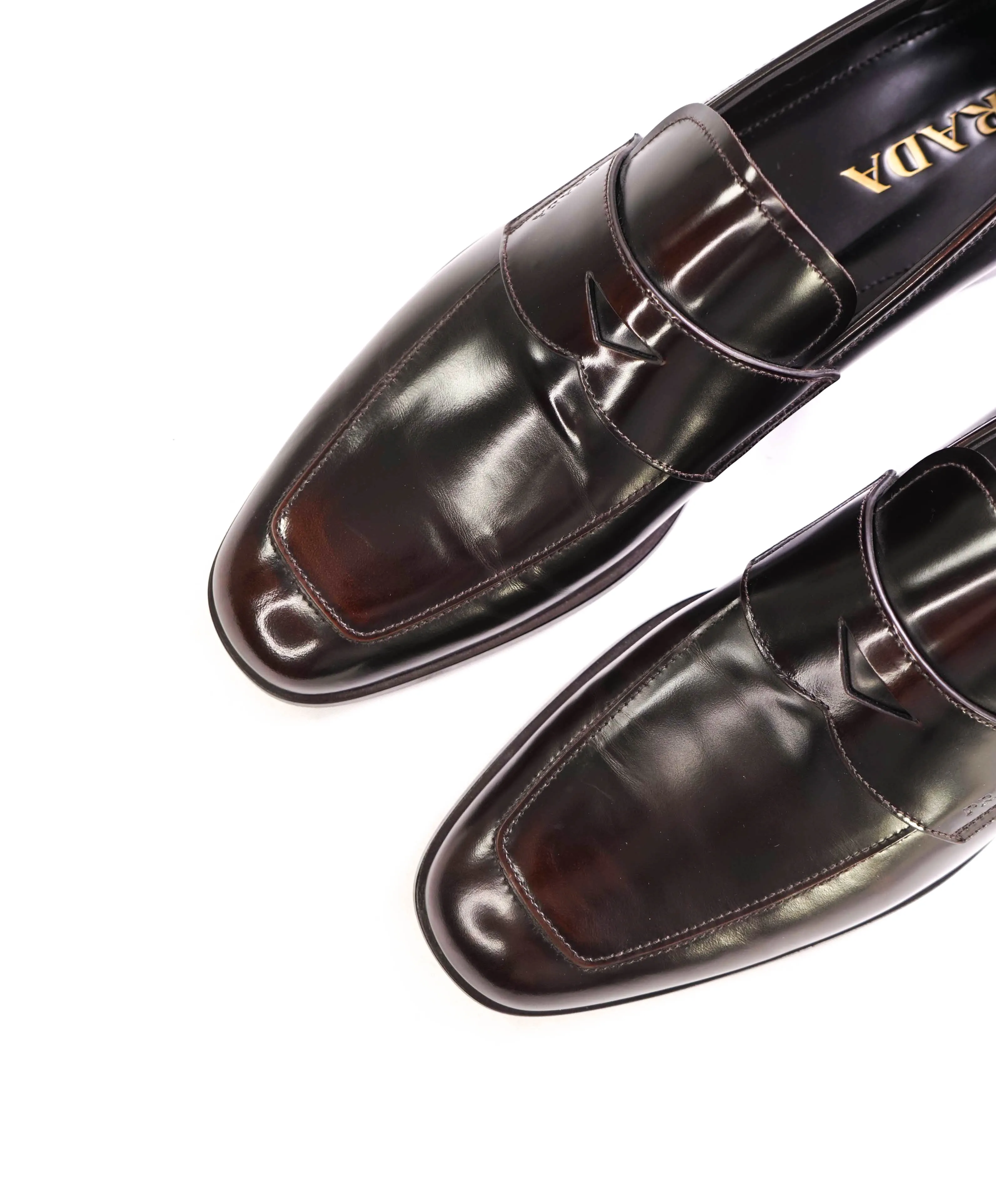 $950 PRADA - Brown Ombre Antiqued Patent Leather LOGO Loafers - 10 US (9 Prada)