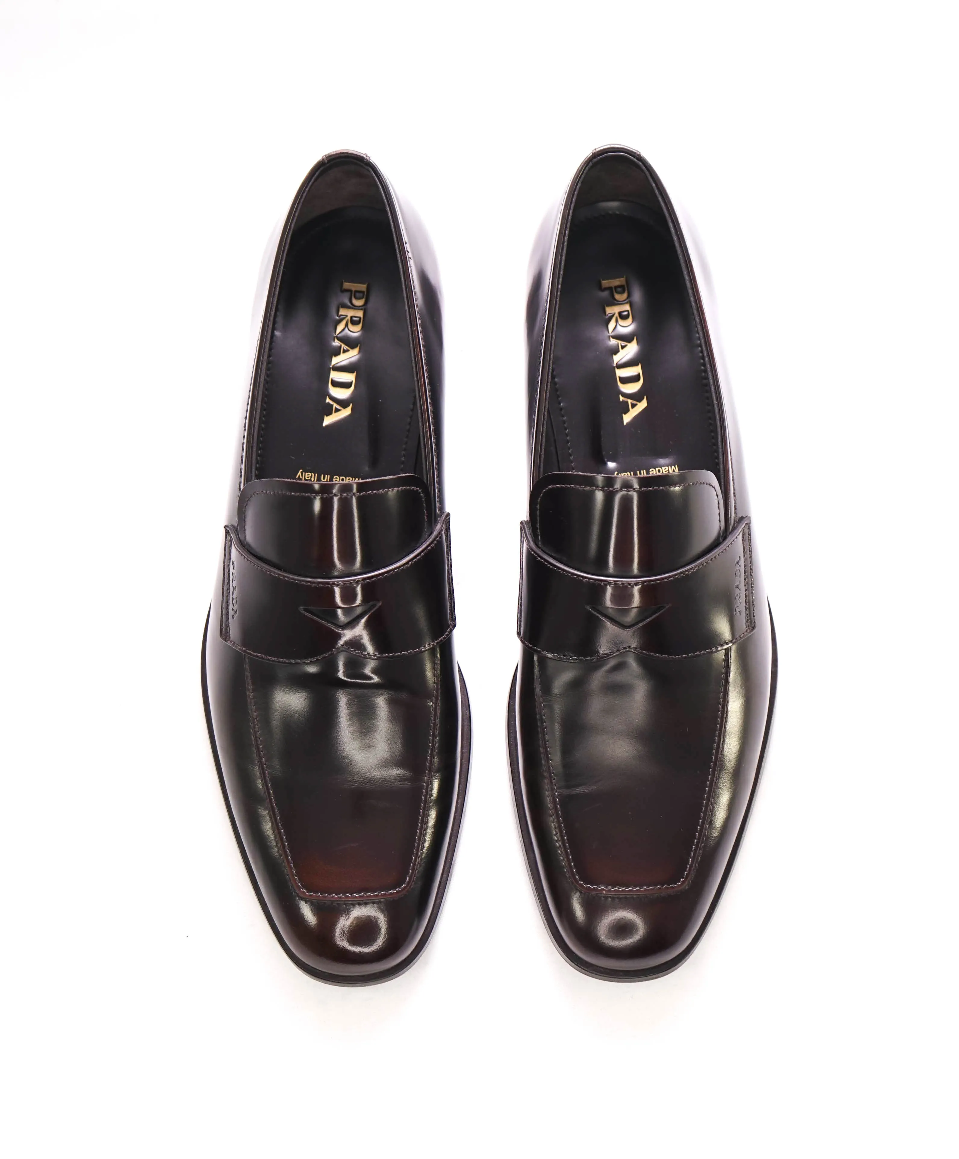 $950 PRADA - Brown Ombre Antiqued Patent Leather LOGO Loafers - 10 US (9 Prada)