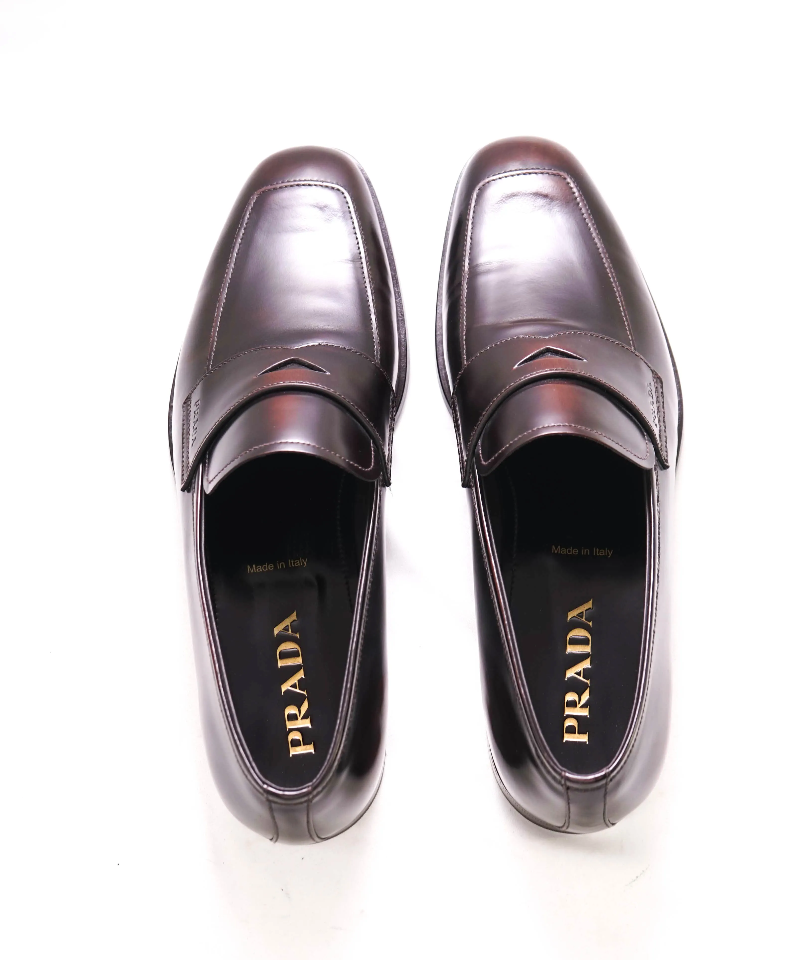$950 PRADA - Brown Ombre Antiqued Patent Leather LOGO Loafers - 10 US (9 Prada)