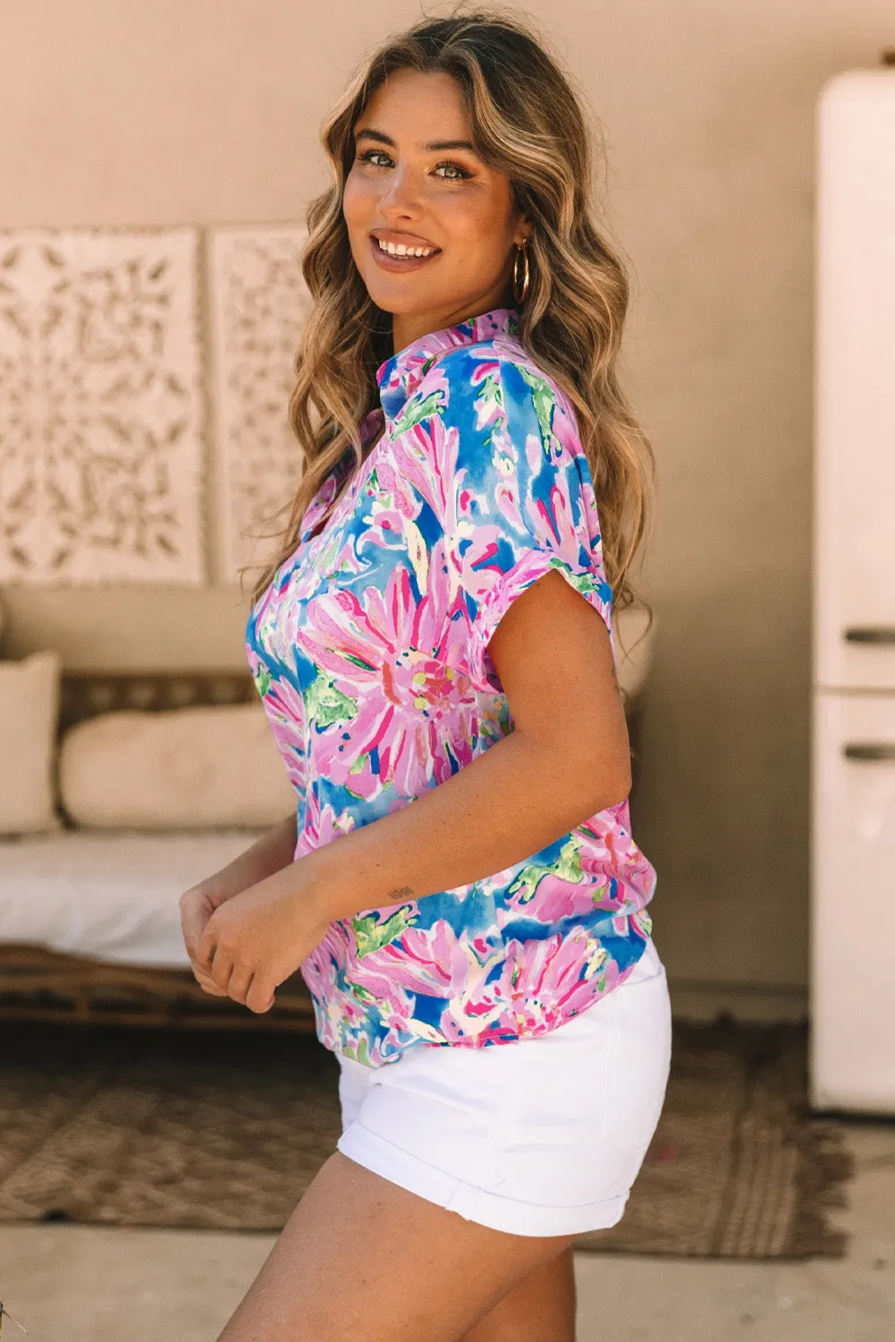 Abstract Notch V Neck Rolled Blouse