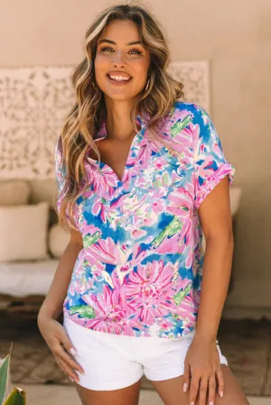Abstract Notch V Neck Rolled Blouse