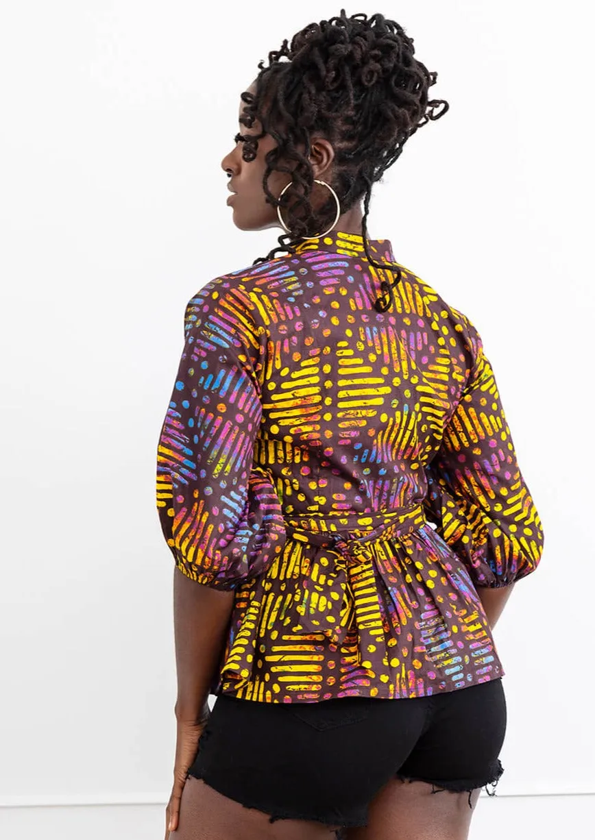 Aega Women's African Print Peplum Blouse (Sunset Adire) - Clearance