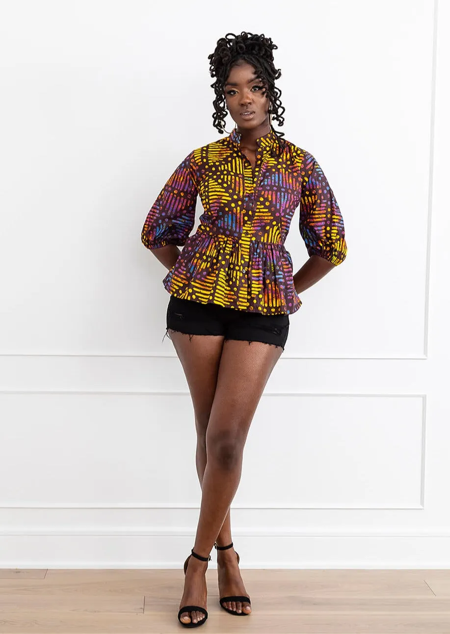 Aega Women's African Print Peplum Blouse (Sunset Adire) - Clearance