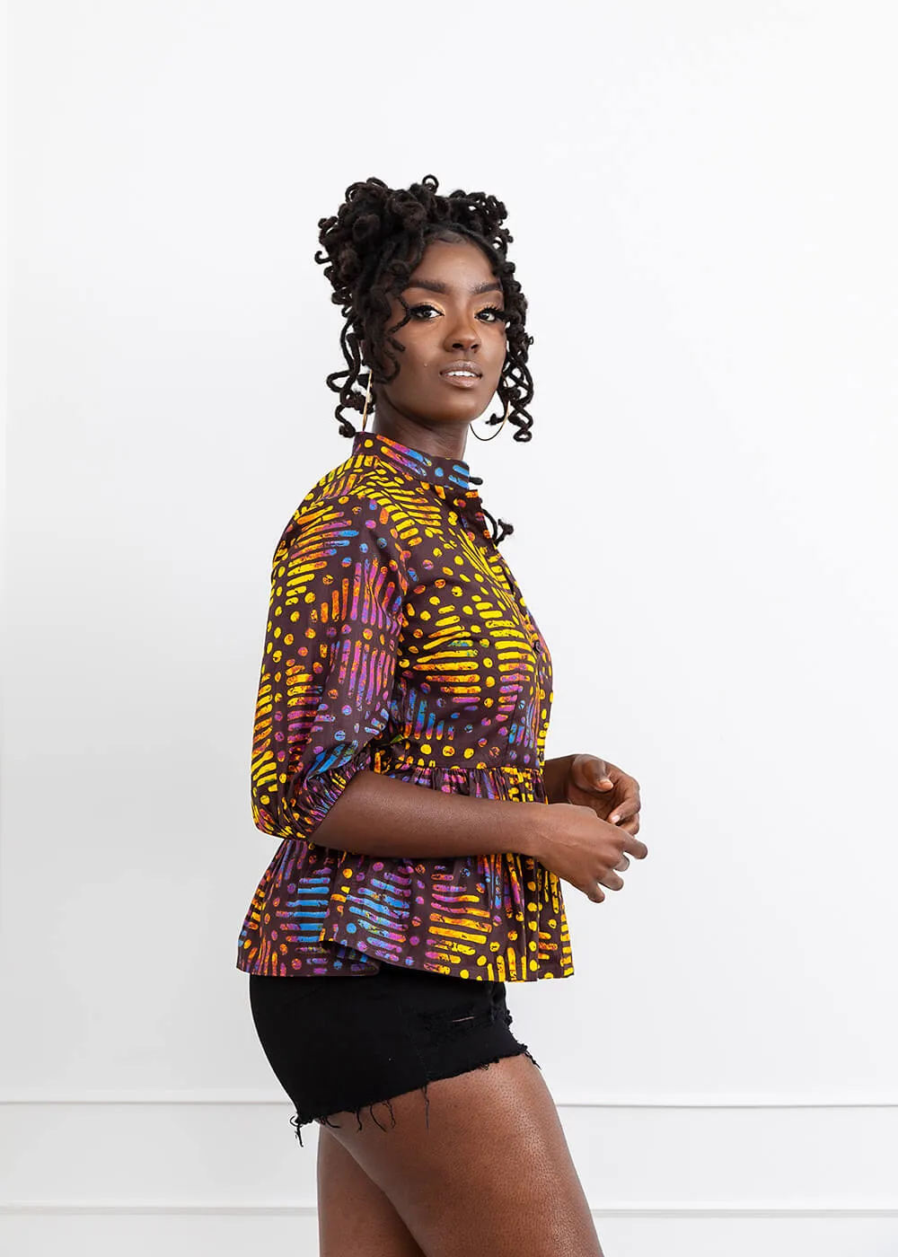Aega Women's African Print Peplum Blouse (Sunset Adire) - Clearance