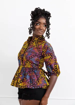 Aega Women's African Print Peplum Blouse (Sunset Adire) - Clearance