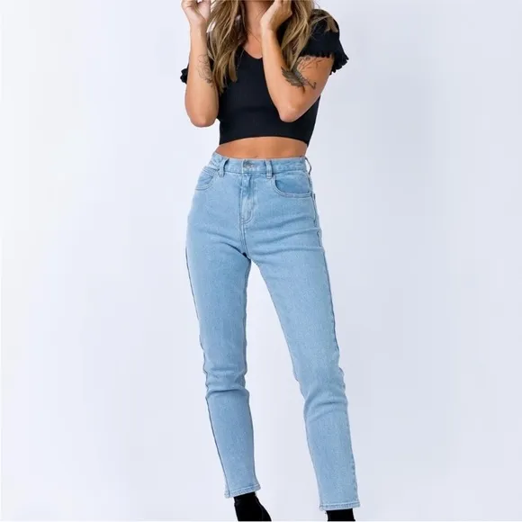 Afends. Blondie's Vintage Slim Fit High Waist Light Wash Denim Blue Jeans