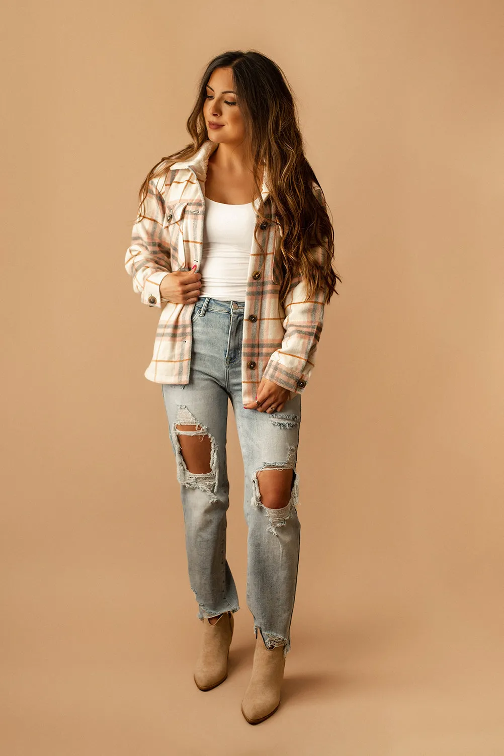 Aspen Sherpa Lined Plaid Shacket (Pink   White)