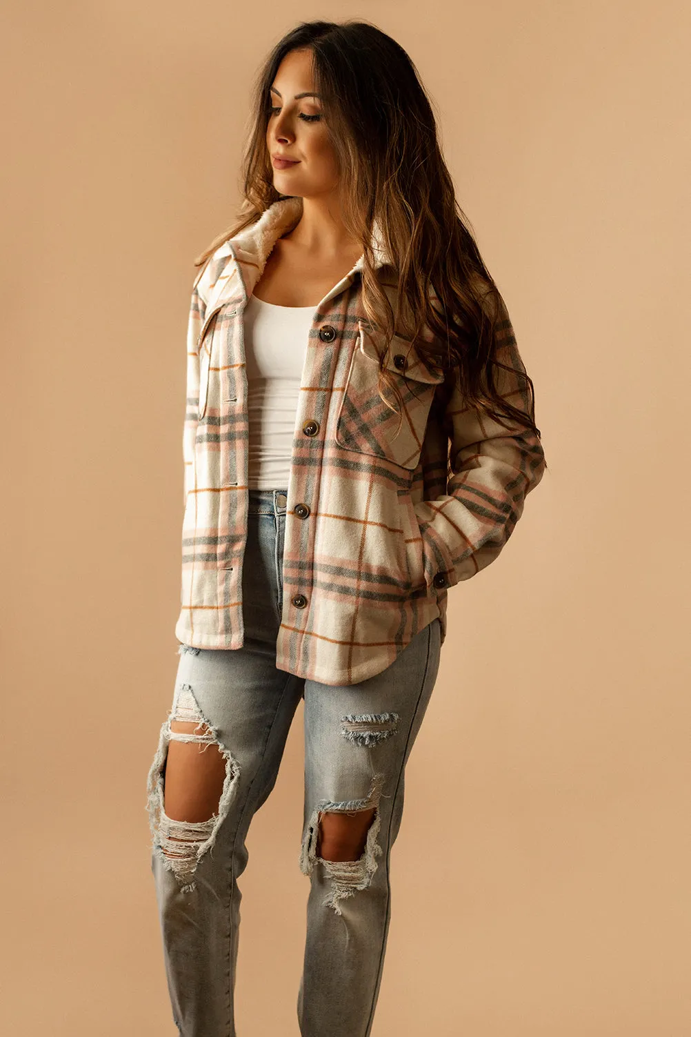 Aspen Sherpa Lined Plaid Shacket (Pink   White)