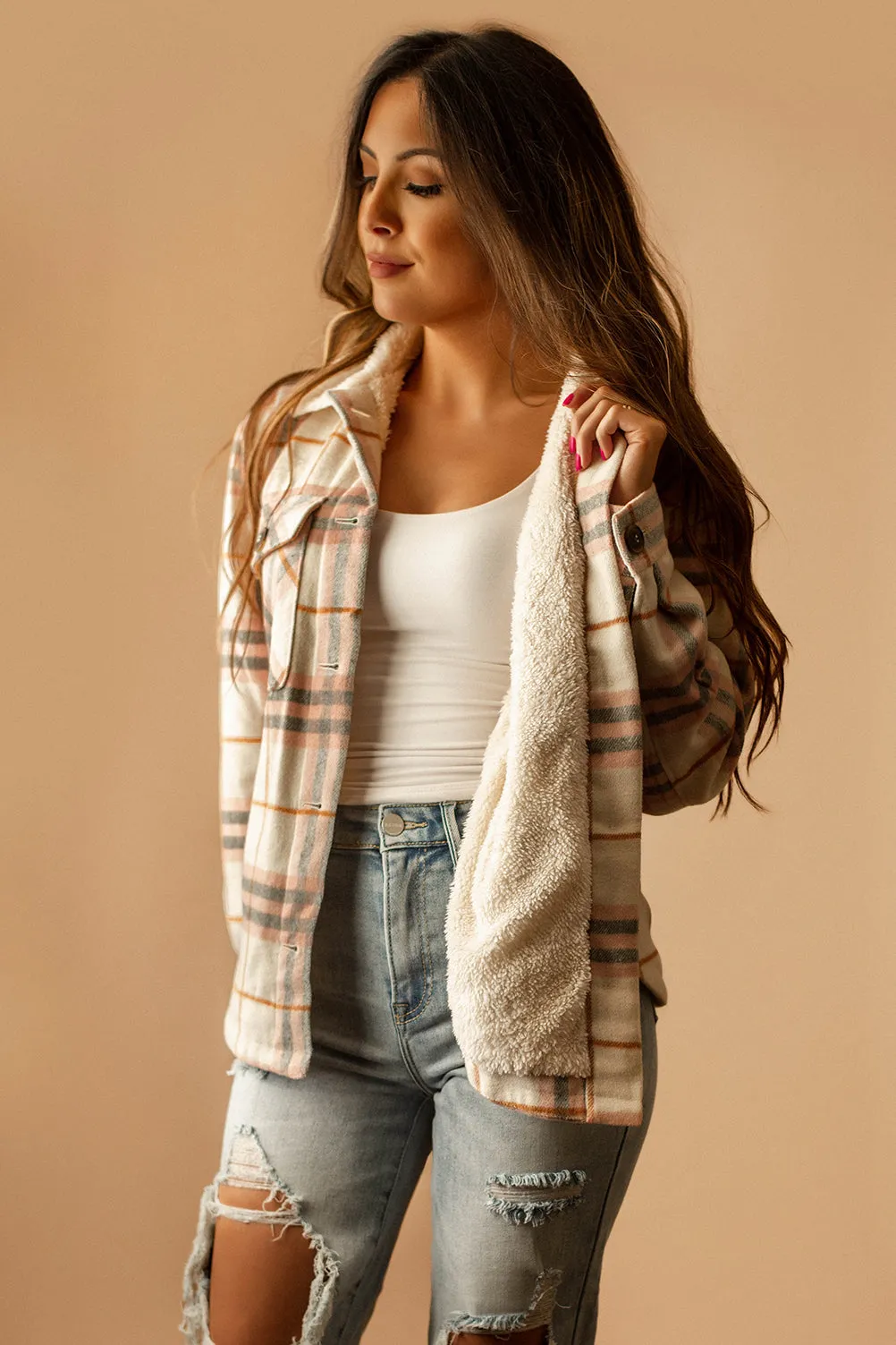 Aspen Sherpa Lined Plaid Shacket (Pink   White)