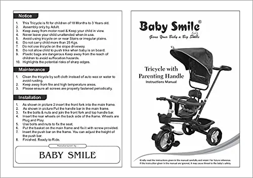 Baby Smile Small Kids Mini Cycle Toys Baby Tricycle | Bicycle For Kids with Canopy Sunroof Protection & Parental Push Handle, Smart Plug & Rubber Wheels Trikes for 1.5 Years to 5 Years Kids, Black & Red