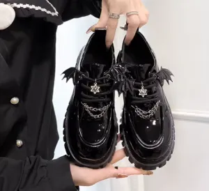 Bat & Chain Detail Black Patent Loafers
