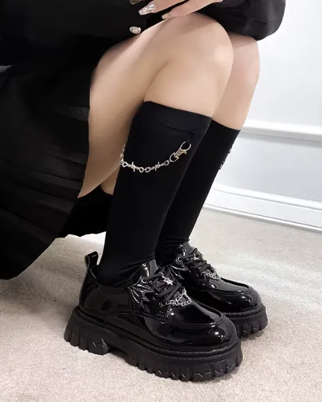 Bat & Chain Detail Black Patent Loafers
