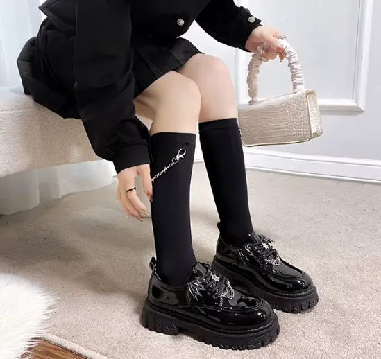 Bat & Chain Detail Black Patent Loafers