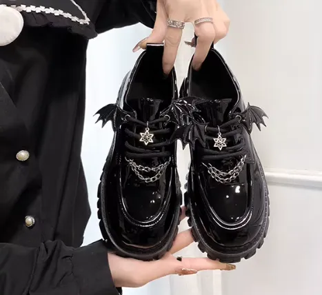 Bat & Chain Detail Black Patent Loafers
