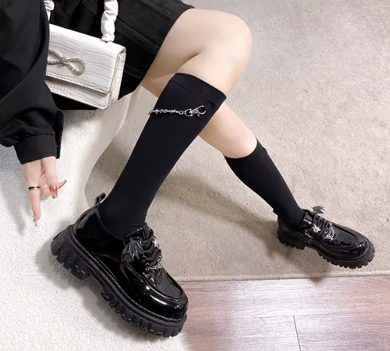 Bat & Chain Detail Black Patent Loafers