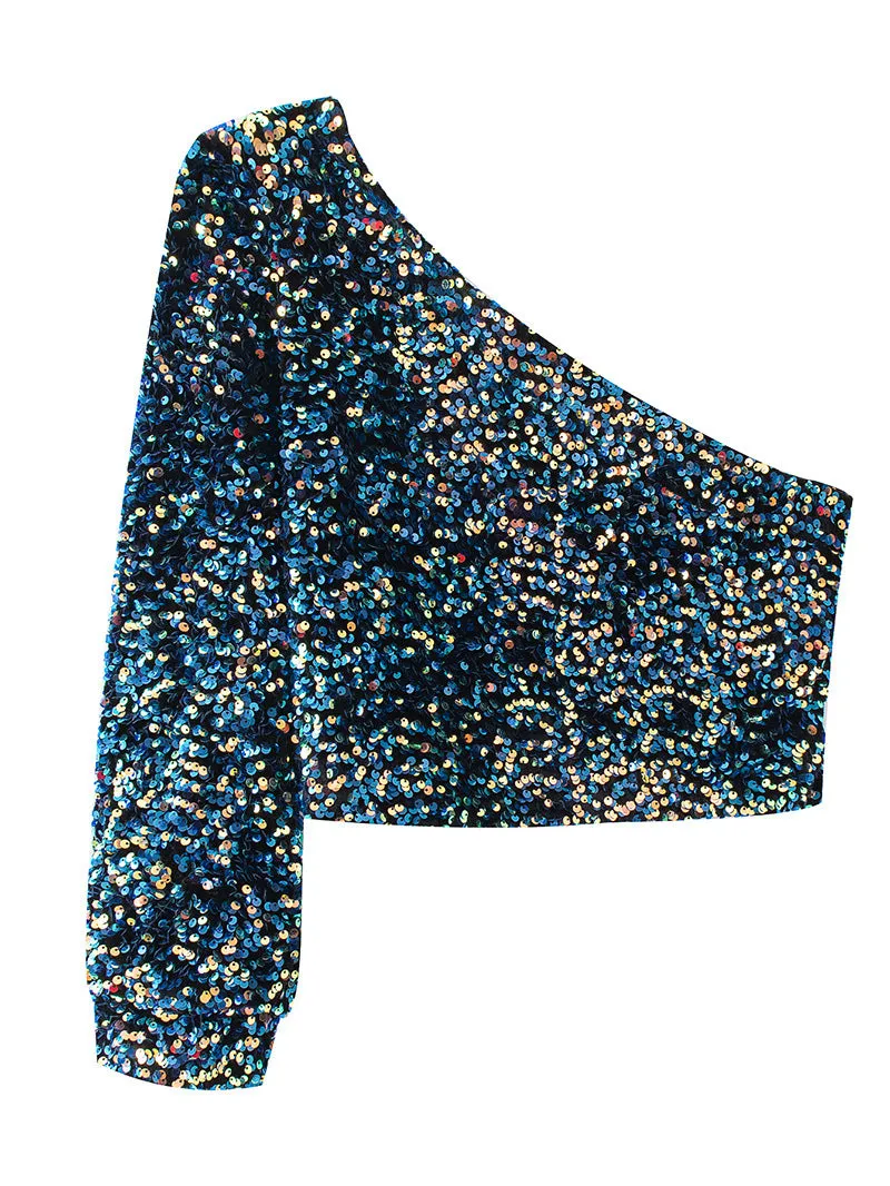 Beads Sequins Embroidered Round Neck One Shoulder Blouses