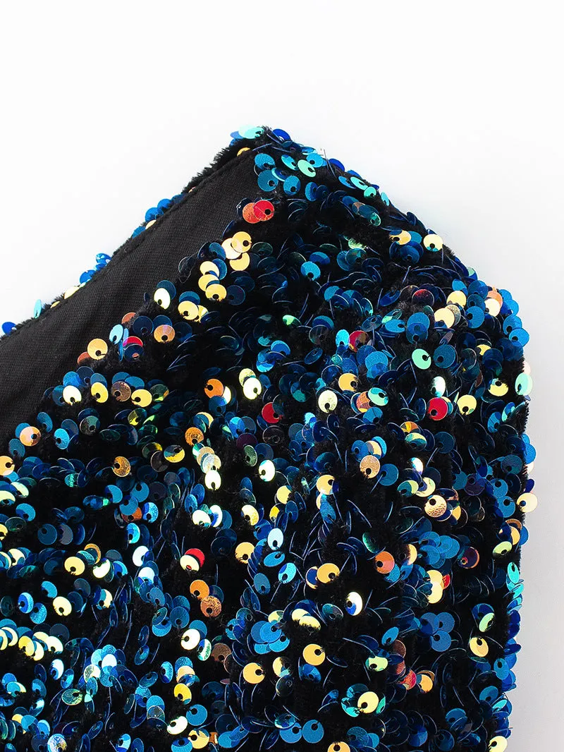 Beads Sequins Embroidered Round Neck One Shoulder Blouses