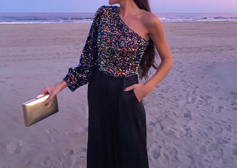 Beads Sequins Embroidered Round Neck One Shoulder Blouses