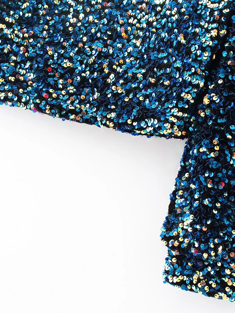 Beads Sequins Embroidered Round Neck One Shoulder Blouses