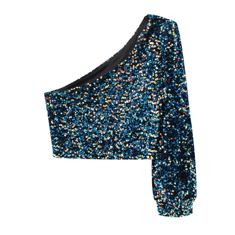 Beads Sequins Embroidered Round Neck One Shoulder Blouses