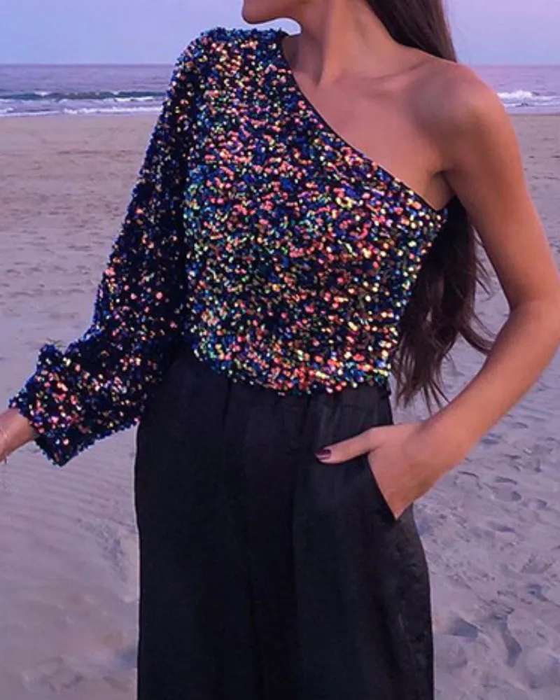 Beads Sequins Embroidered Round Neck One Shoulder Blouses
