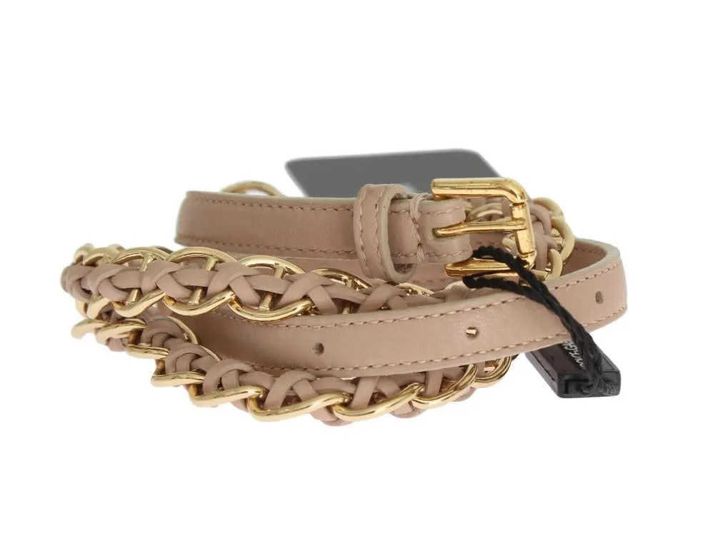 Beige Leather Gold Chain Belt