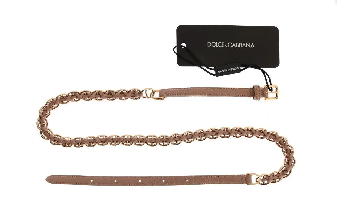 Beige Leather Gold Chain Belt