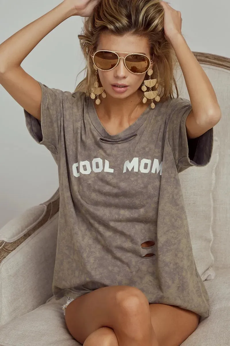BiBi Washed Laser Cut Detail Cool Mom Print Top