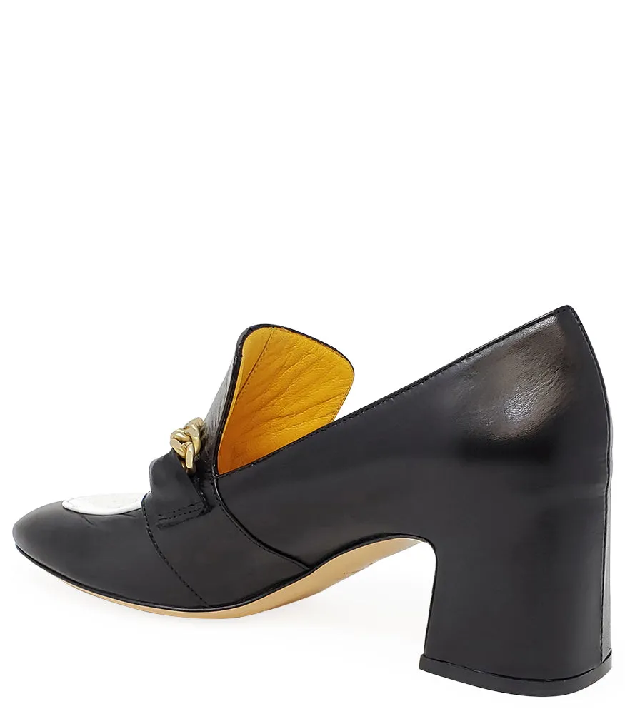 Black & White Leather Mid Heel Loafer W/Chain