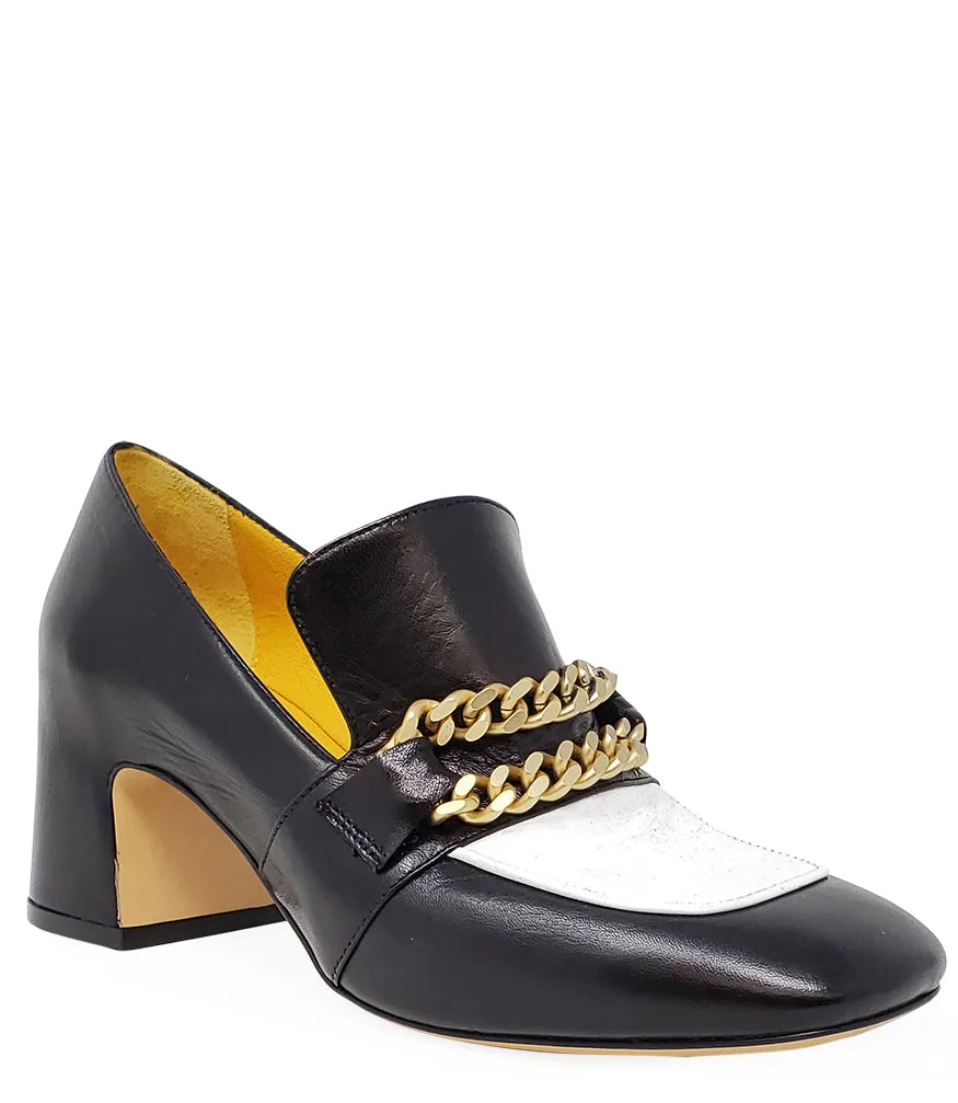 Black & White Leather Mid Heel Loafer W/Chain